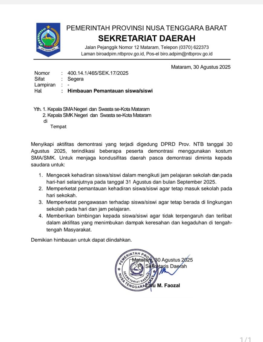 Sekolah Tetap Masuk, Pemprov NTB Minta Guru Perketat Pengawasan Siswa Hindari Terlibat Kegaduhan